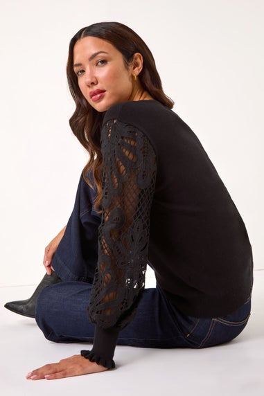 Roman Black Lace Sleeve Knit Jumper