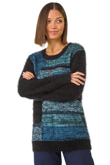 Roman Green Colour Block Fluffy Knit Jumper