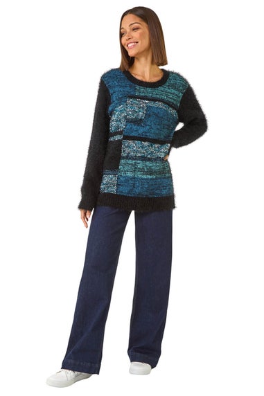 Roman Green Colour Block Fluffy Knit Jumper