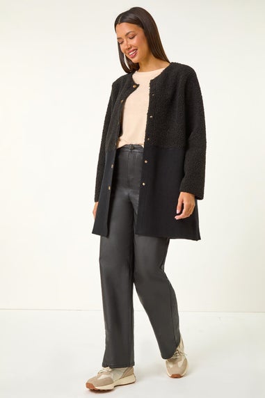 Roman Black Collarless Contrast Button Knit Jacket