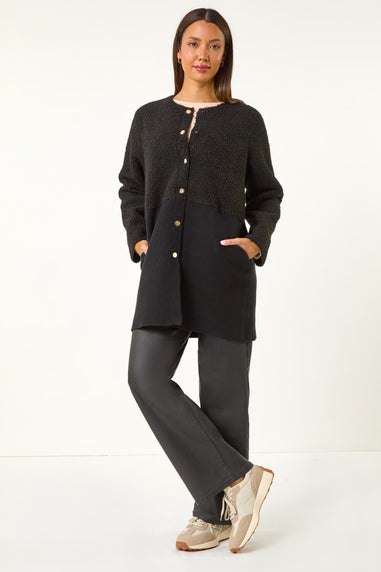 Roman Black Collarless Contrast Button Knit Jacket