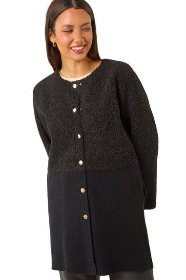 Roman Black Collarless Contrast Button Knit Jacket