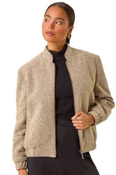 Roman Beige Petite Textured Bomber Style Jacket