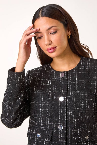 Roman Black Collarless Buttoned Boucle Jacket