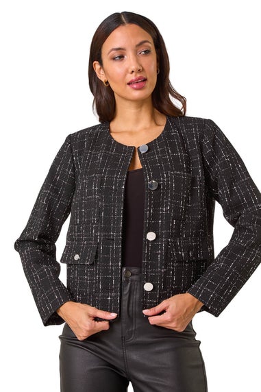 Roman Black Collarless Buttoned Boucle Jacket