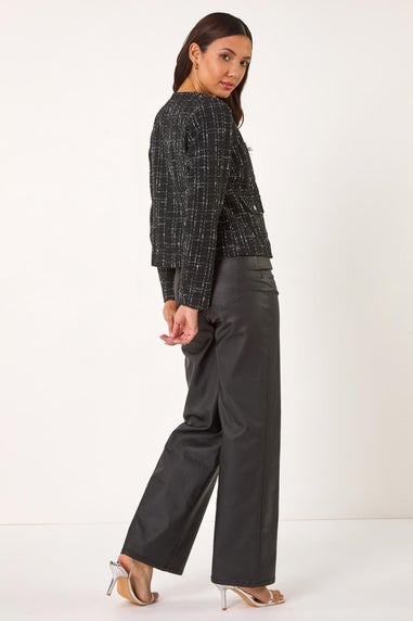 Roman Black Collarless Buttoned Boucle Jacket