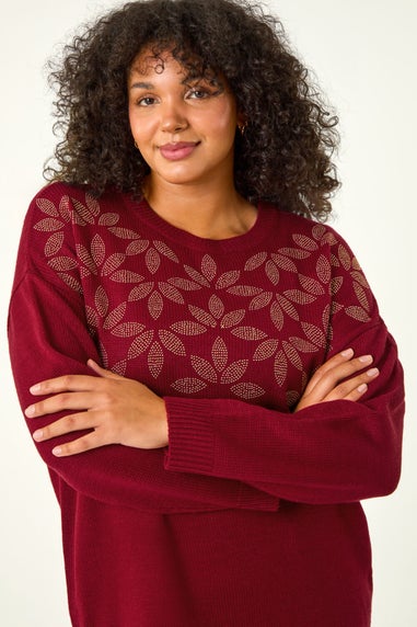 Roman Red Curve Leaf Print Hotfix Knit Jumper