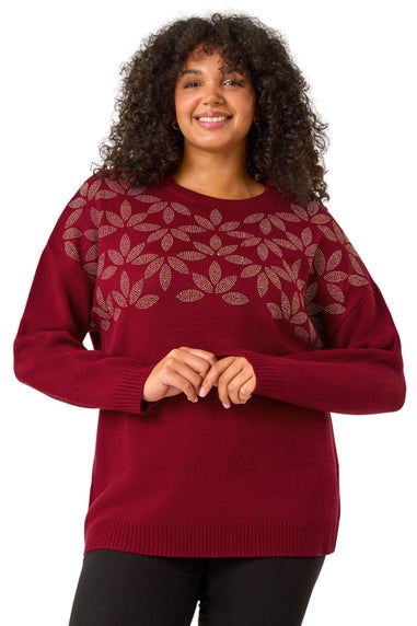 Roman Red Curve Leaf Print Hotfix Knit Jumper