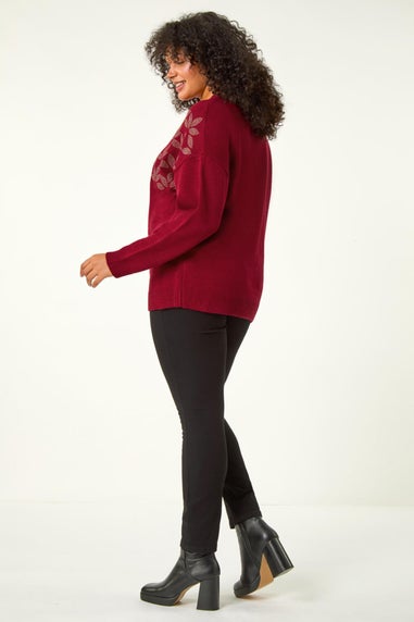 Roman Red Curve Leaf Print Hotfix Knit Jumper