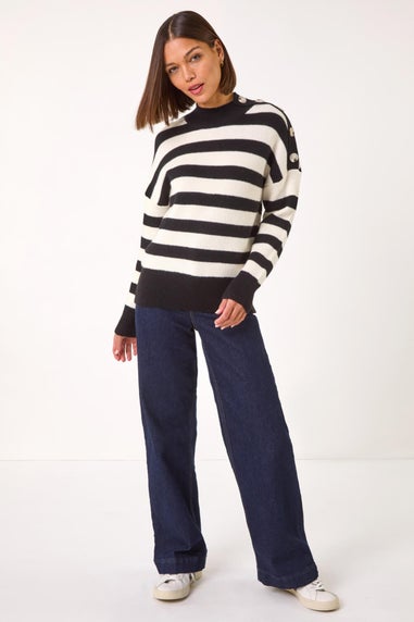 Roman Black Button Shoulder Stripe Knit Jumper