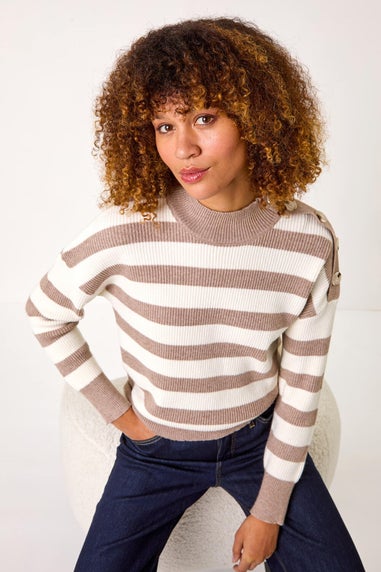 Roman Taupe Button Shoulder Stripe Knit Jumper