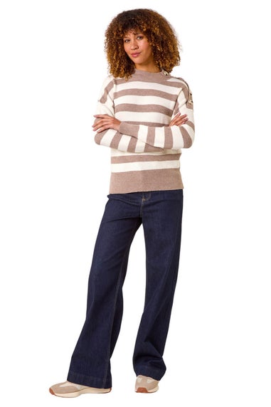 Roman Taupe Button Shoulder Stripe Knit Jumper