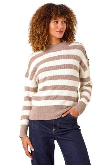 Roman Taupe Button Shoulder Stripe Knit Jumper