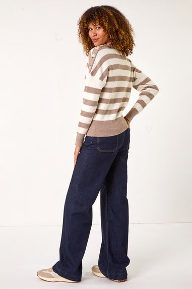 Roman Taupe Button Shoulder Stripe Knit Jumper