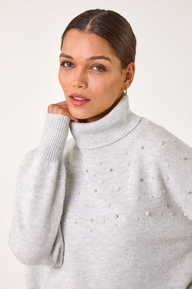 Roman Light Grey Faux Pearl Roll Neck Knit Jumper