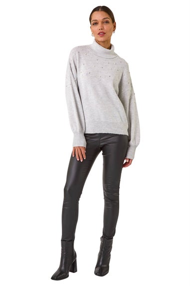 Roman Light Grey Faux Pearl Roll Neck Knit Jumper