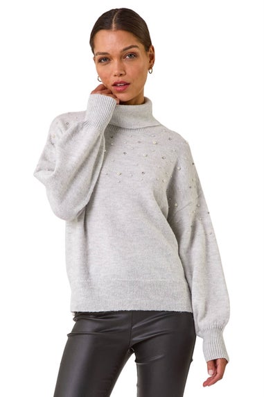 Roman Light Grey Faux Pearl Roll Neck Knit Jumper