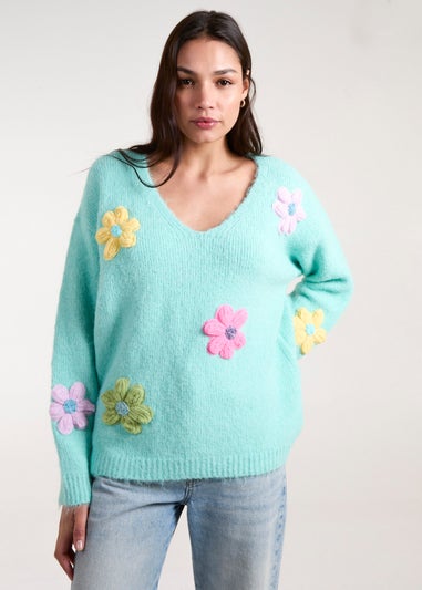 Blue Vanilla Aqua Flower Knit Embroidery V Neck Jumper