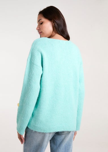 Blue Vanilla Aqua Flower Knit Embroidery V Neck Jumper