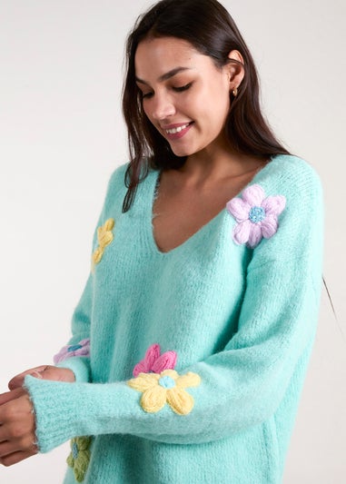 Blue Vanilla Aqua Flower Knit Embroidery V Neck Jumper