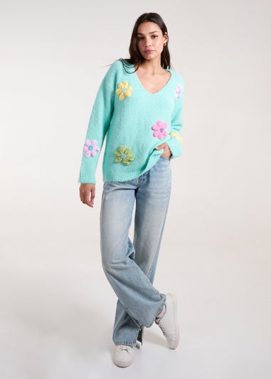 Blue Vanilla Aqua Flower Knit Embroidery V Neck Jumper