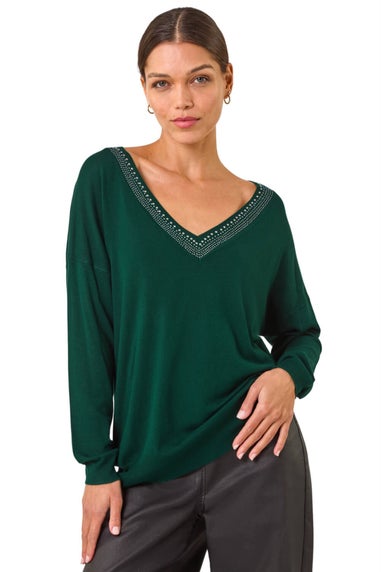 Roman Dark Green Hotfix Trim V-Neck Knit Jumper