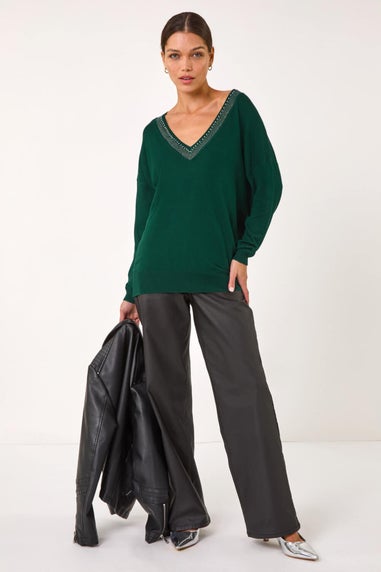 Roman Dark Green Hotfix Trim V-Neck Knit Jumper