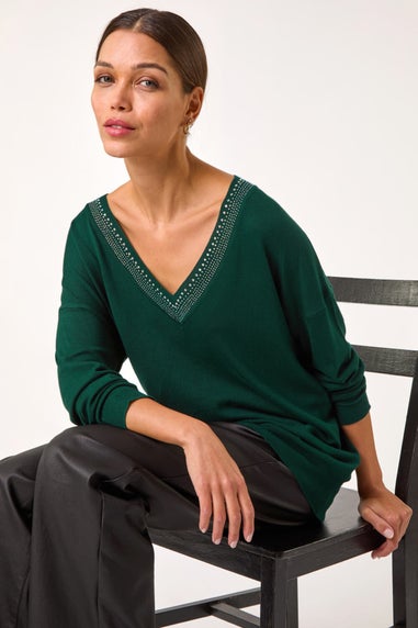 Roman Dark Green Hotfix Trim V-Neck Knit Jumper