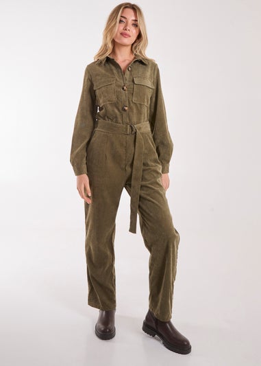 Pink Vanilla Khaki Corduroy Collar Long Sleeve Button Boilersuit