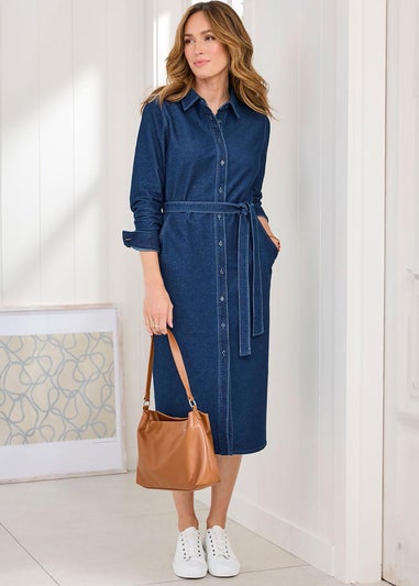 Cotton Traders Pale Blue Jersey Denim Midi Shirt Dress