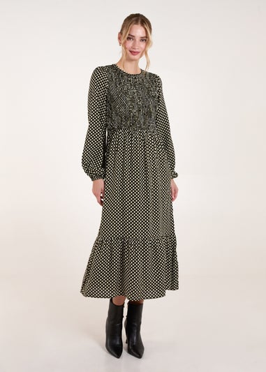 Blue Vanilla Khaki Polka Dot Shirred Cuff Sleeve Midi Dress