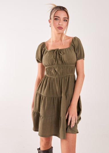 Pink Vanilla Khaki Crinkle Puff Sleeve Tiered Mini Dress