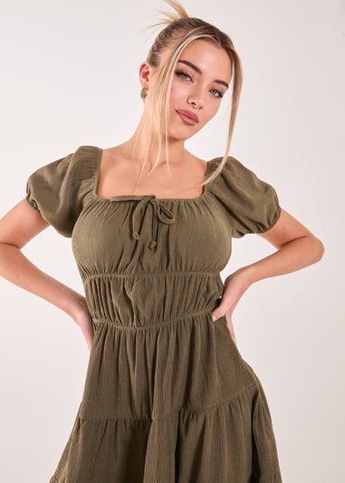 Pink Vanilla Khaki Crinkle Puff Sleeve Tiered Mini Dress
