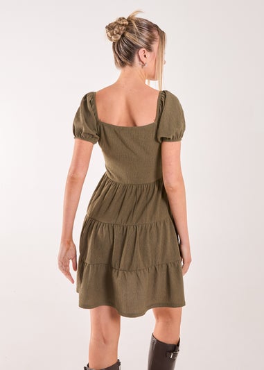 Pink Vanilla Khaki Crinkle Puff Sleeve Tiered Mini Dress