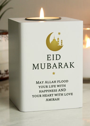 Personalised Memento Company White Eid & Ramadan Wooden Tea light Holder