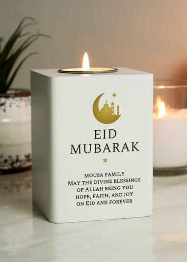 Personalised Memento Company White Eid & Ramadan Wooden Tea light Holder