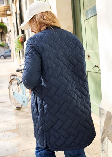 Cotton Traders Navy Collarless Quilted Jacket