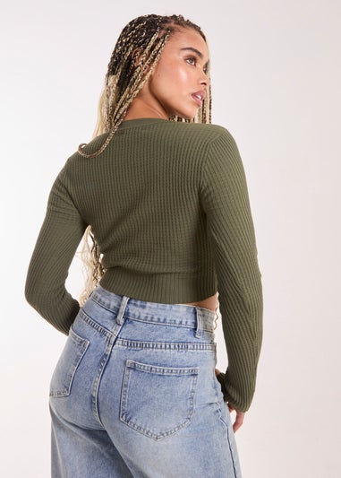 Pink Vanilla Khaki Heart Embellishment Rib Knit Top