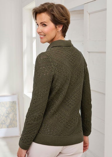 Cotton Traders Mid Khaki Collared Pointelle Jumper