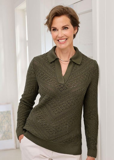 Cotton Traders Mid Khaki Collared Pointelle Jumper