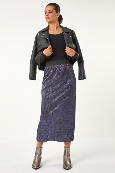 Roman Midnight Blue Foil Plisse Pleated Pencil Skirt