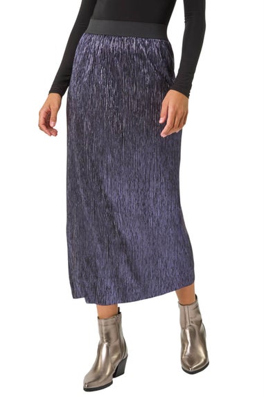 Roman Midnight Blue Foil Plisse Pleated Pencil Skirt