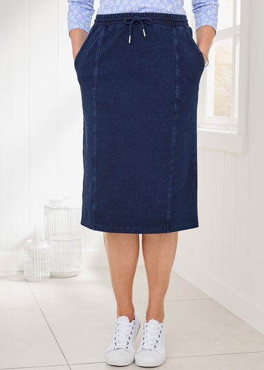 Cotton Traders Dark Blue Jersey Denim Pull-On Knee-Length Skirt