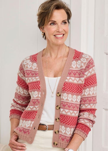 Cotton Traders Coral Blush Fair Isle Button Cardigan