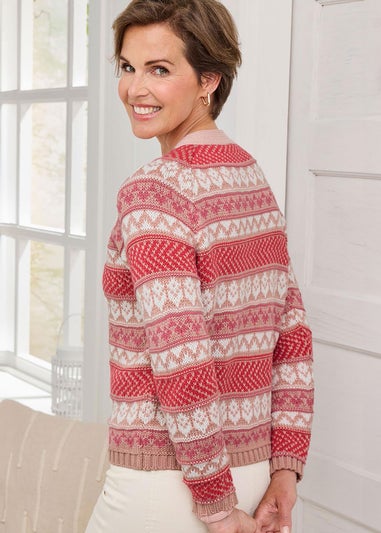 Cotton Traders Coral Blush Fair Isle Button Cardigan