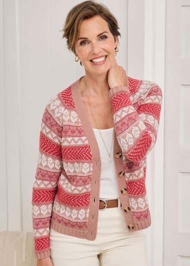 Cotton Traders Coral Blush Fair Isle Button Cardigan