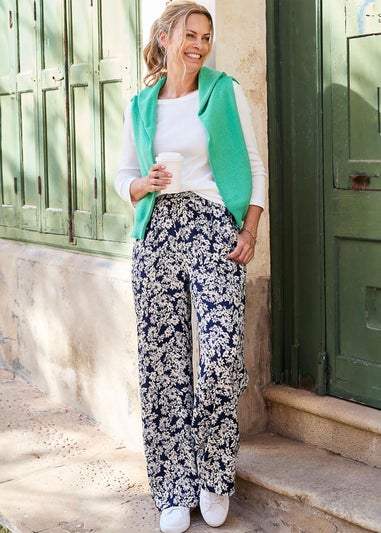 Cotton Traders Navy Printed Wide-Leg Pull-On Trousers