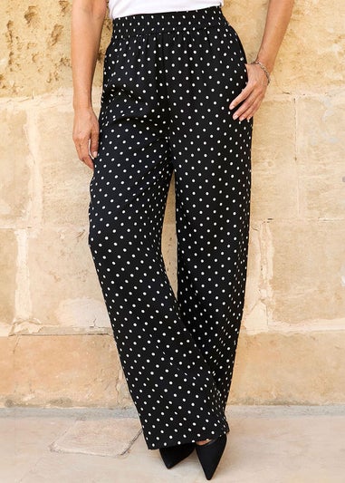 Cotton Traders Black Printed Wide-Leg Pull-On Trousers