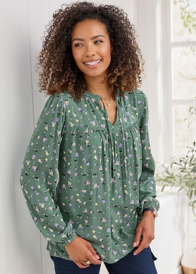 Cotton Traders Forest Green Printed Crinkle Blouse