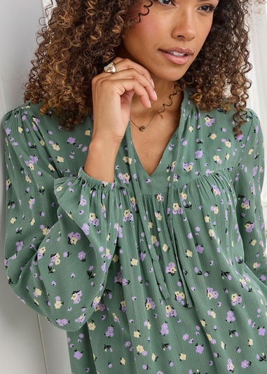 Cotton Traders Forest Green Printed Crinkle Blouse